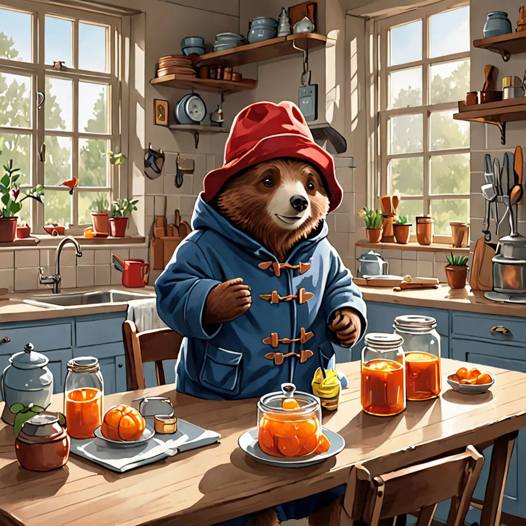 a bear is standing at a table with jars of orange juice in front of him and a pot of oranges in the background, Beatrix Potter, furry art, a storybook illustration, official art