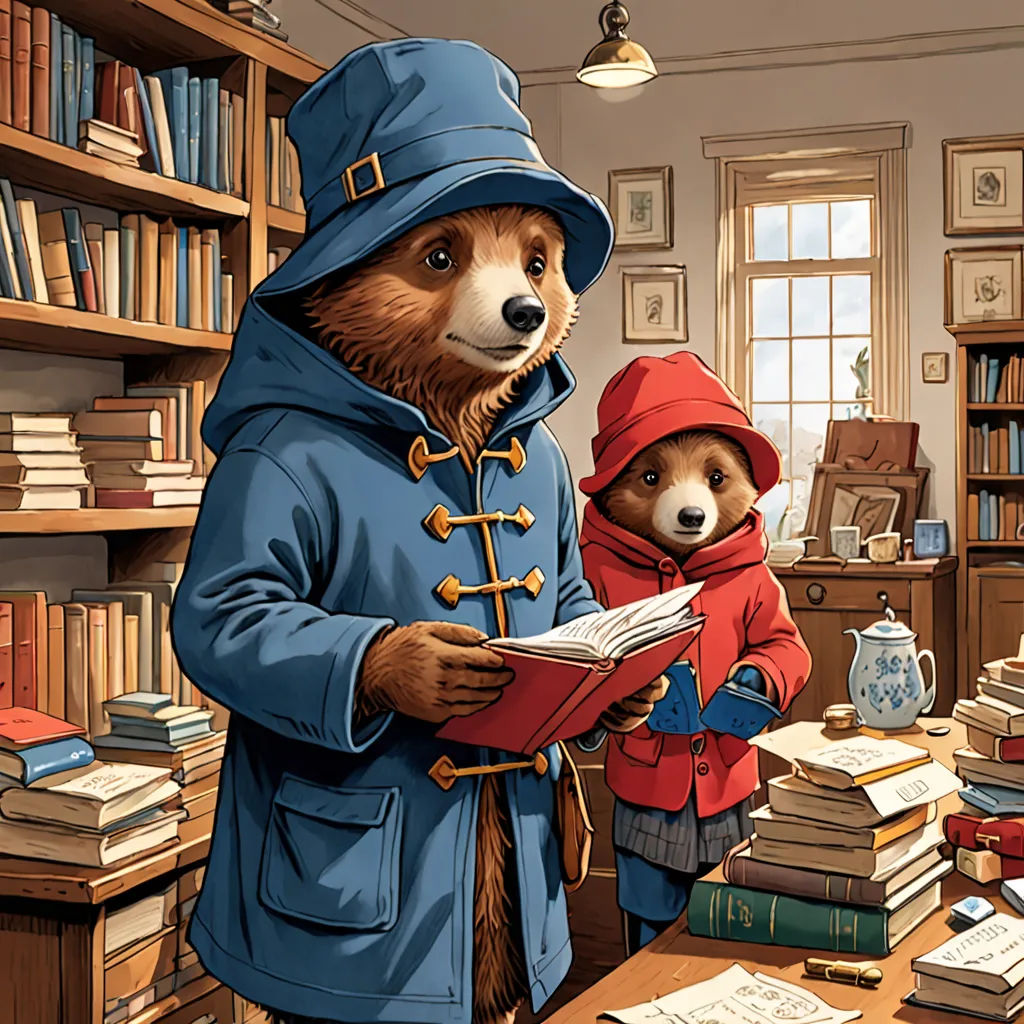 a bear and a girl are standing in a library with books on the table and a book shelf full of books, Beatrix Potter, furry art, a storybook illustration, storybook illustration