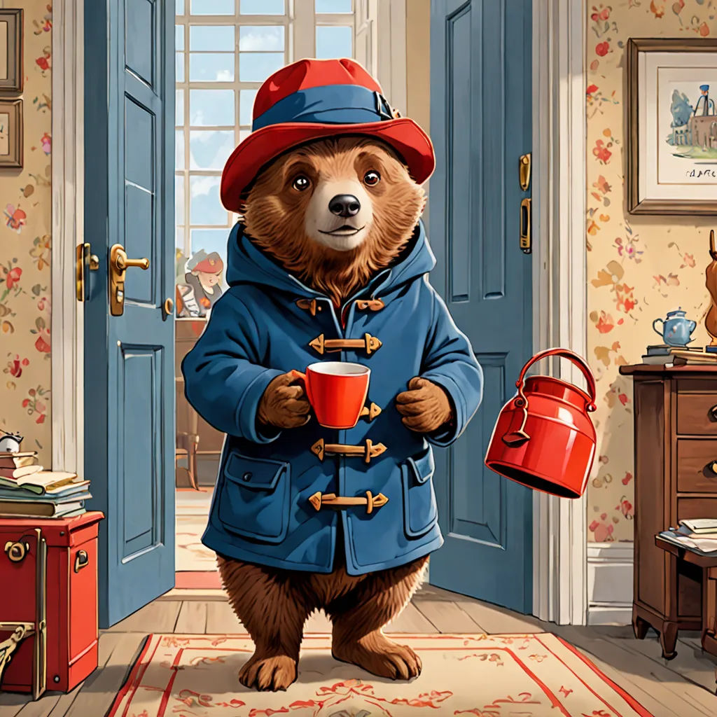a bear in a blue coat and red hat holding a cup of coffee in a room with a blue door, Chris LaBrooy, furry art, a character portrait, promotional image