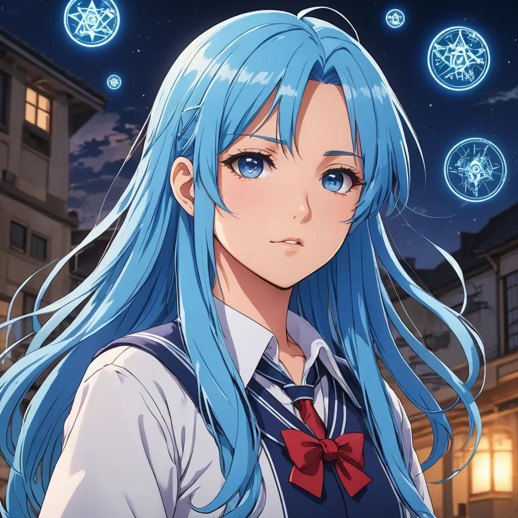 a girl with blue hair and a bow tie in front of a building with stars and circles above her, rayonism, a character portrait, Chizuko Yoshida, official art