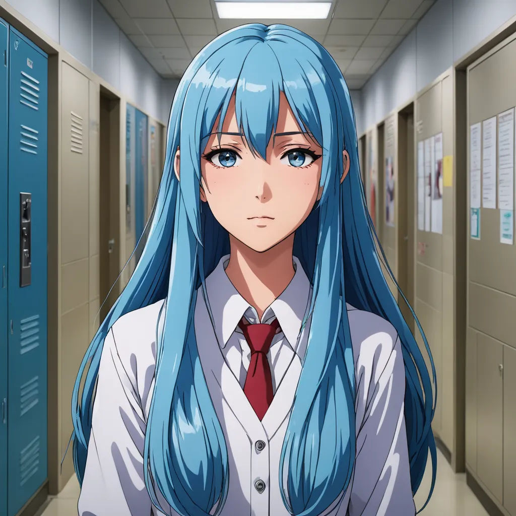 a girl with blue hair and a tie in a hallway with lockers and lockers behind her is looking at the camera, sots art, a character portrait, Aguri Uchida, official art