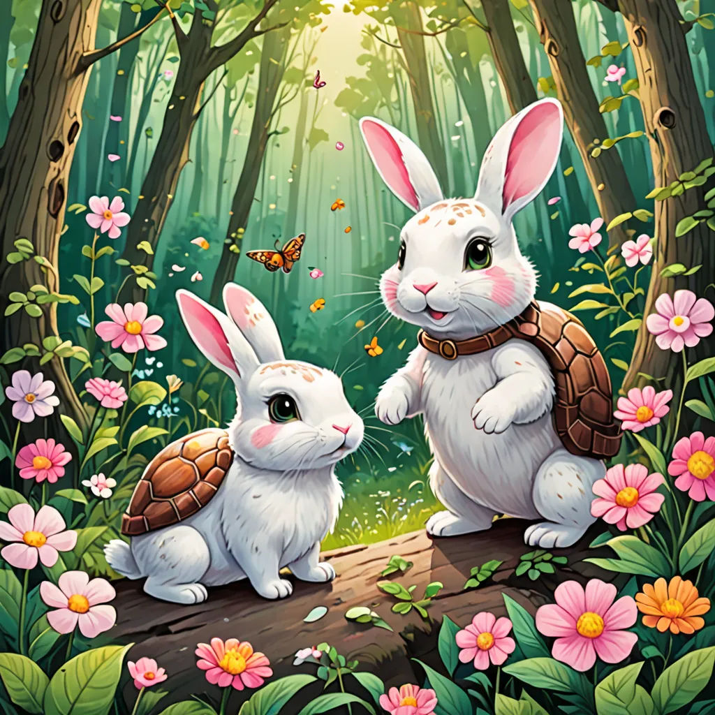 two rabbits sitting on a log in a forest with flowers and butterflies around them, with a butterfly flying above them, fantasy art, a storybook illustration, Dan Mumford, official art