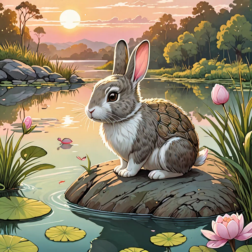 a rabbit sitting on a rock in a pond of water with lily pads and a sunset in the background, fantasy art, a storybook illustration, Chris LaBrooy, rossdraws global illumination