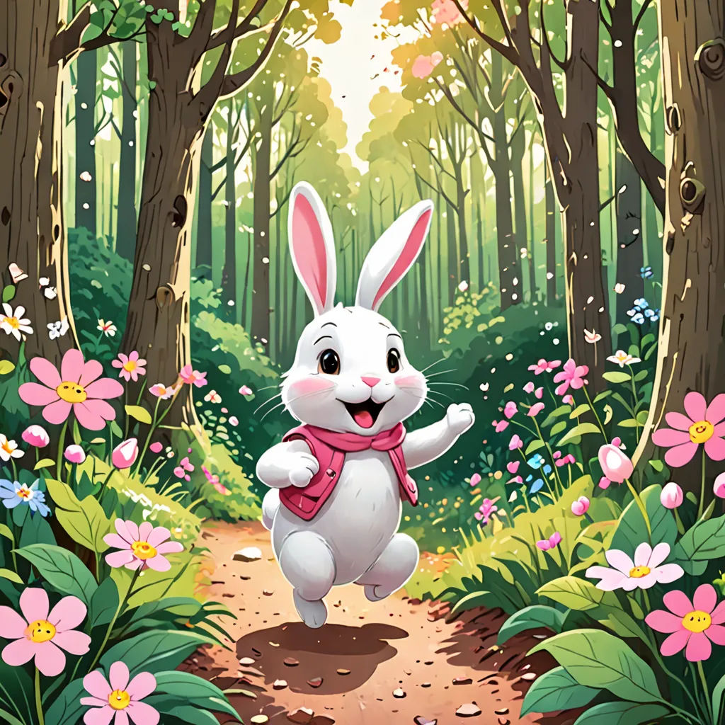 a cartoon bunny running through a forest with flowers and trees in the background, with a pink scarf around his neck, furry art, a storybook illustration, Beatrix Potter, official art