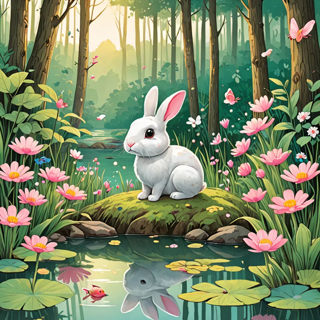 a rabbit sitting on a rock in a forest with flowers and a pond of water lilies and a frog, fantasy art, a storybook illustration, Chris LaBrooy, rossdraws global illumination