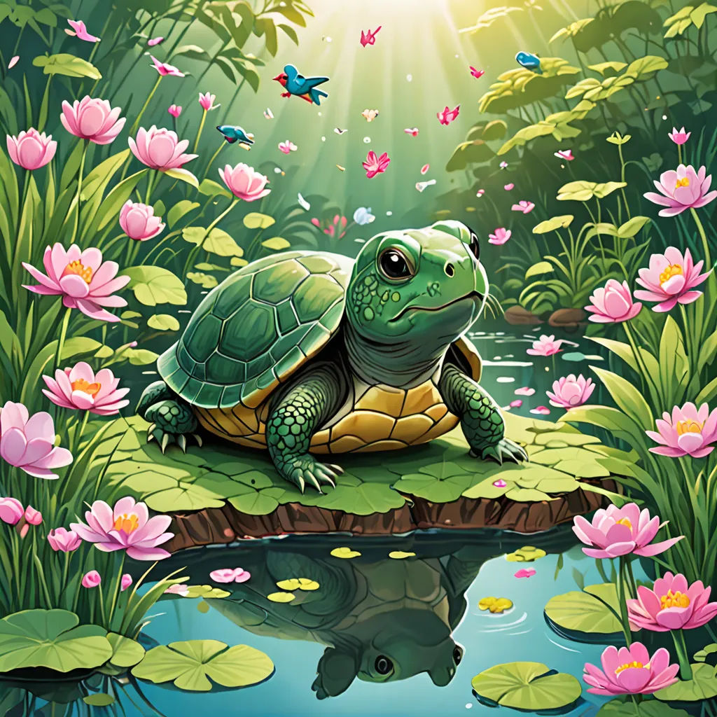 a turtle sitting on a rock in a pond of water surrounded by flowers and butterflies with a bright sun shining down, fantasy art, a storybook illustration, Chris LaBrooy, official art