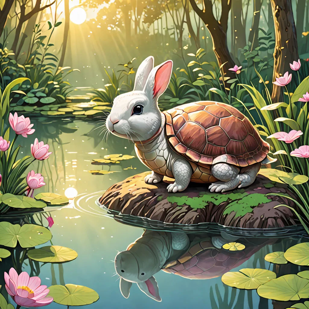 a painting of a turtle on a rock in a pond of water with lily pads and a fish in the foreground, fantasy art, a storybook illustration, Chris LaBrooy, magic the gathering artwork