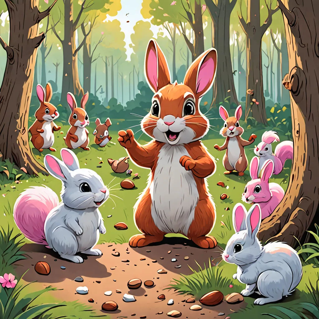 a group of rabbits in a forest with a rabbit holding a carrot in its hand and a rabbit standing in the middle of the forest, furry art, a storybook illustration, Dan Mumford, rossdraws global illumination