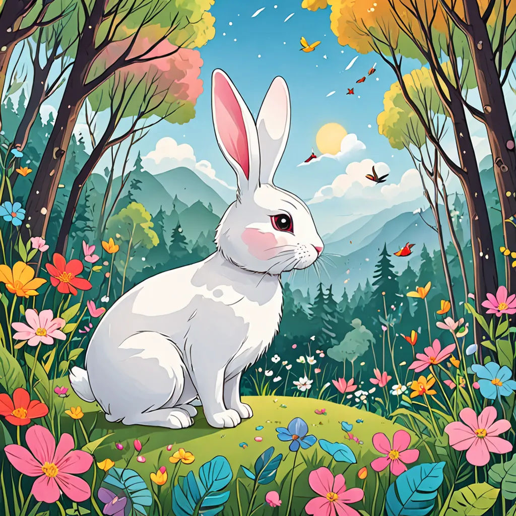 a white rabbit sitting in a forest with flowers and butterflies around it, with a blue sky and clouds behind it, naive art, a storybook illustration, Chris LaBrooy, rossdraws global illumination