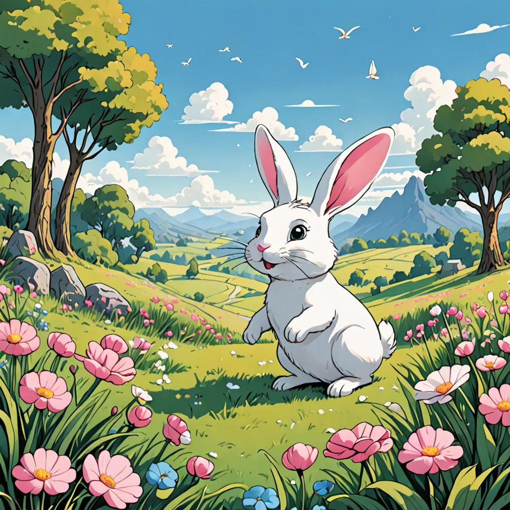 a white rabbit sitting in a field of flowers and trees with a blue sky in the background and a bird flying overhead, fantasy art, a storybook illustration, Chris LaBrooy, josan gonzales and dan mumford