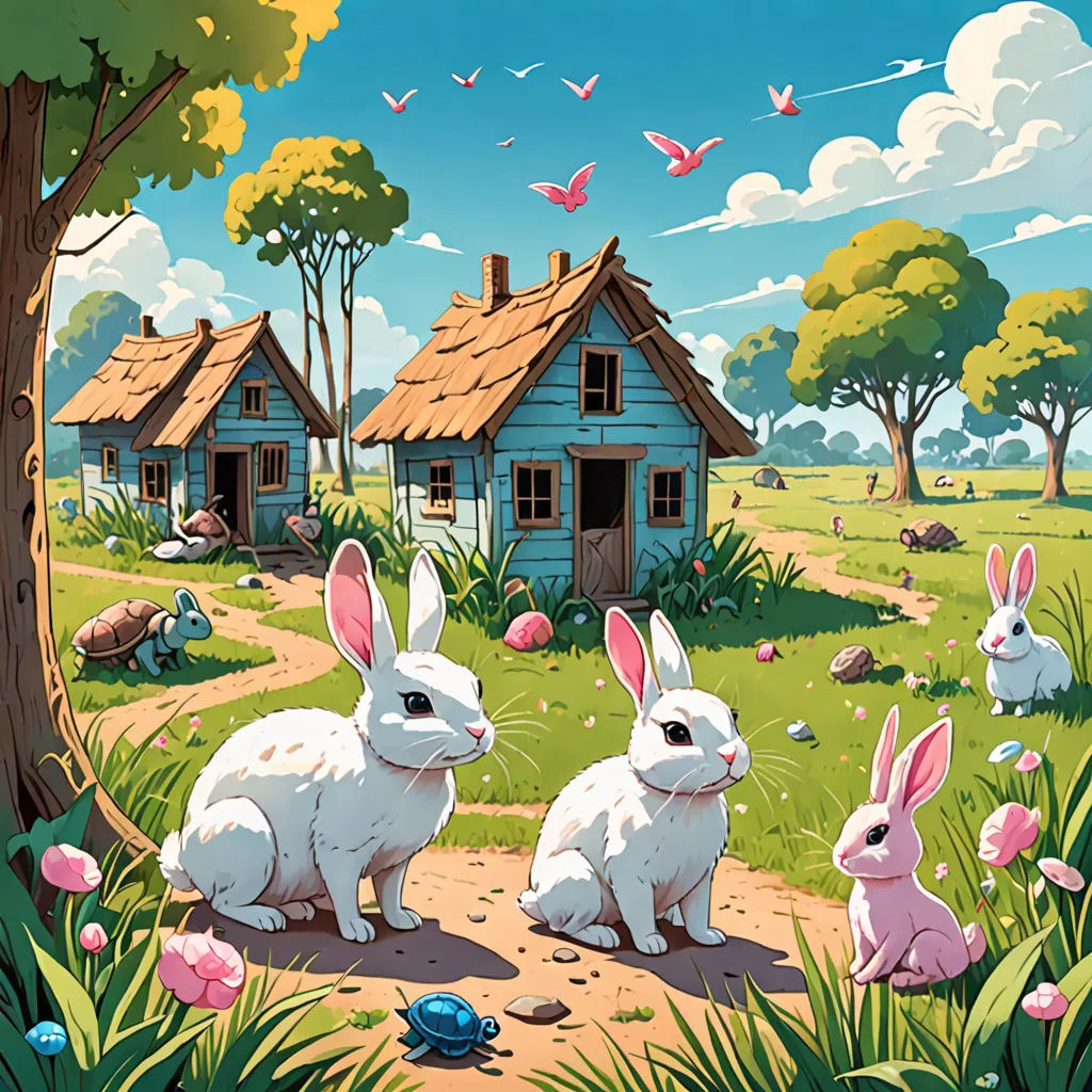 a painting of rabbits in a field with a house in the background and a blue sky with clouds and birds, magical realism, a storybook illustration, Chris LaBrooy, josan gonzales and dan mumford