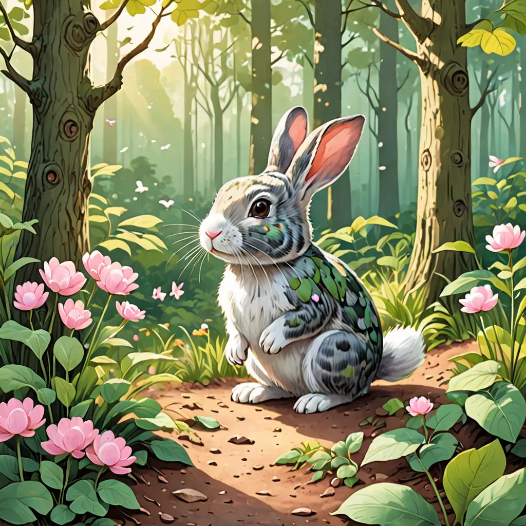 a rabbit sitting in the middle of a forest with flowers and trees around it, with a sunbeam in the background, altermodern, a storybook illustration, Chris LaBrooy, rossdraws global illumination