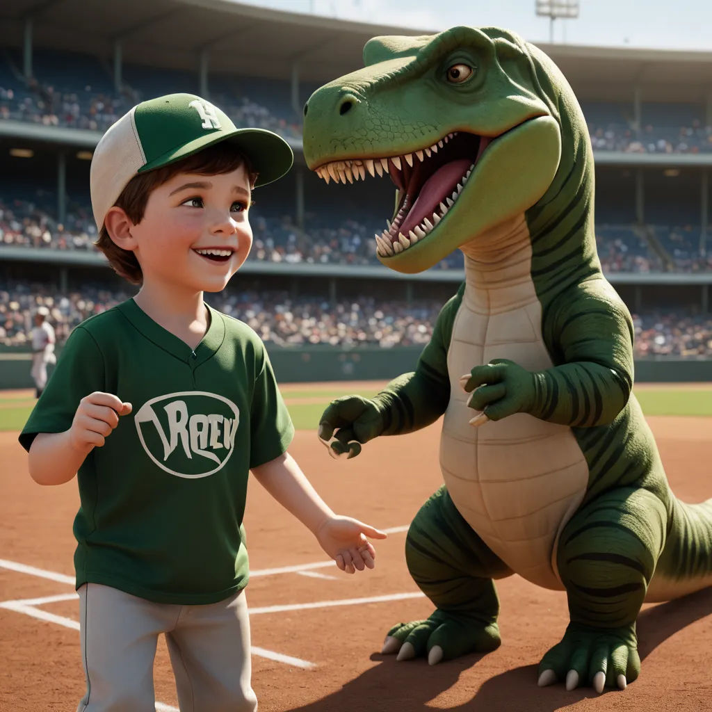 a boy in a green shirt and a dinosaur mascot at a baseball game with a crowd in the stands, photorealism, a computer rendering, Adam Rex, pixar and disney animation