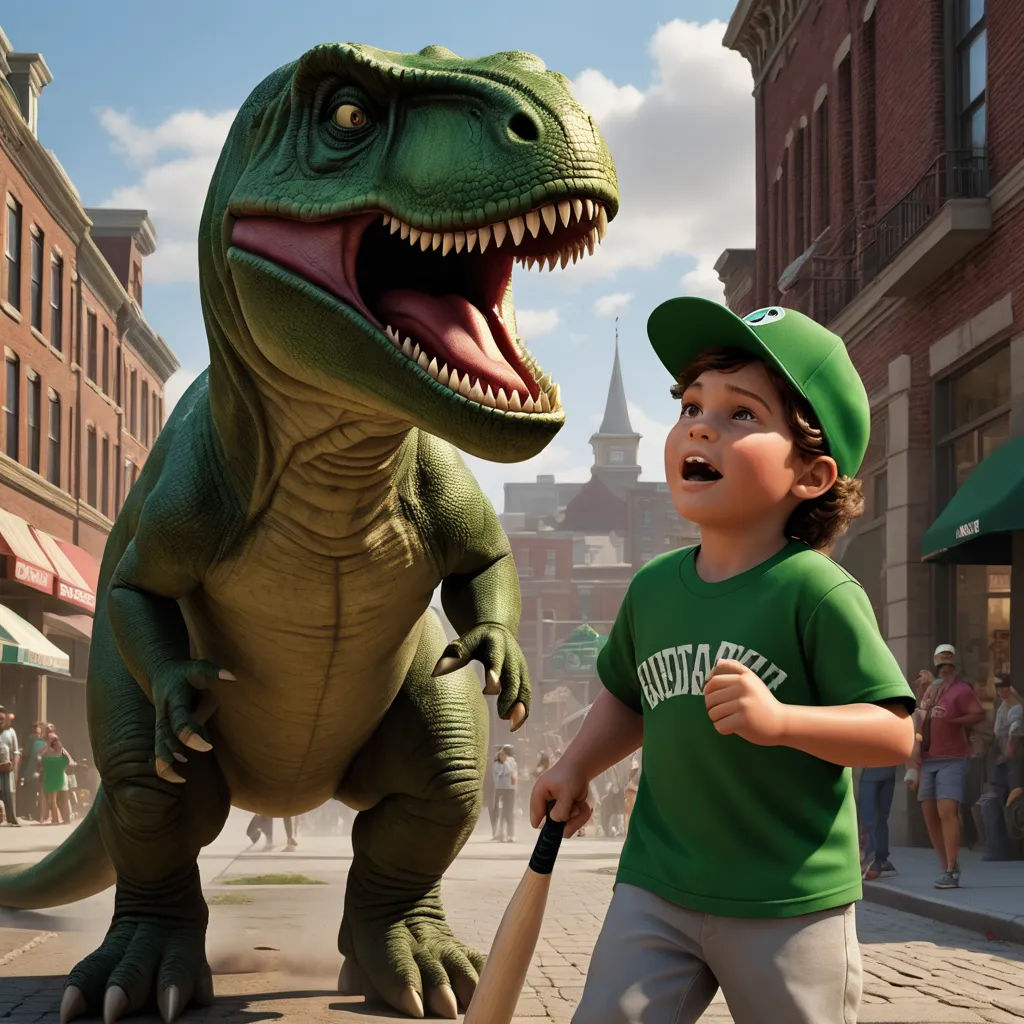 a boy in a green shirt and a dinosaur in a green hat and a baseball bat in a street, photorealism, a detailed matte painting, Adam Rex, pixar and disney animation