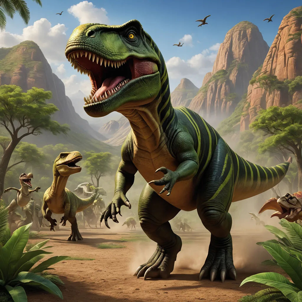 a group of dinosaurs in a jungle with mountains in the background and trees in the foreground, and a bird in the background, sots art, concept art, Adam Rex, key art