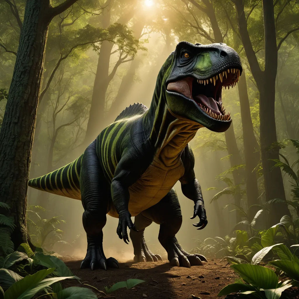 a dinosaur in a forest with a sunbeam in the background and trees in the foreground, with a person walking in the foreground, photorealism, an ambient occlusion render, Adam Rex, rossdraws global illumination