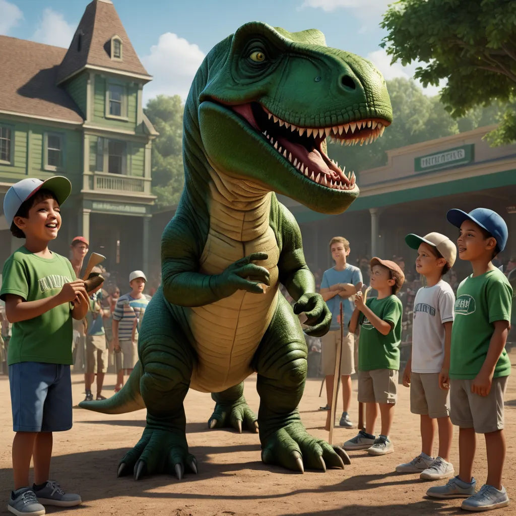 a group of children standing around a dinosaur statue in a park setting with a man in a baseball cap, photorealism, a digital rendering, Adam Rex, promotional image