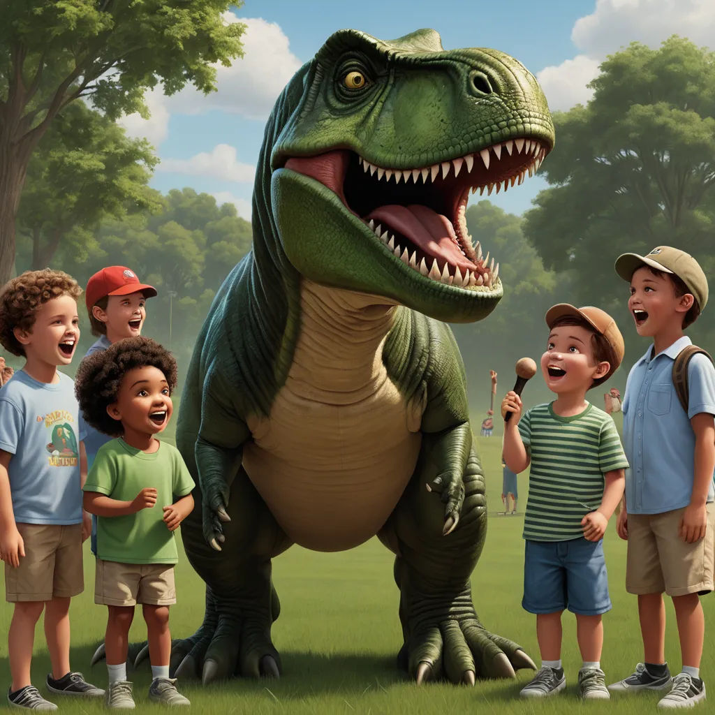 a group of children standing next to a dinosaur statue in a field of grass and trees with a man in a hat, photorealism, a storybook illustration, Adam Rex, ultra realistic digital art