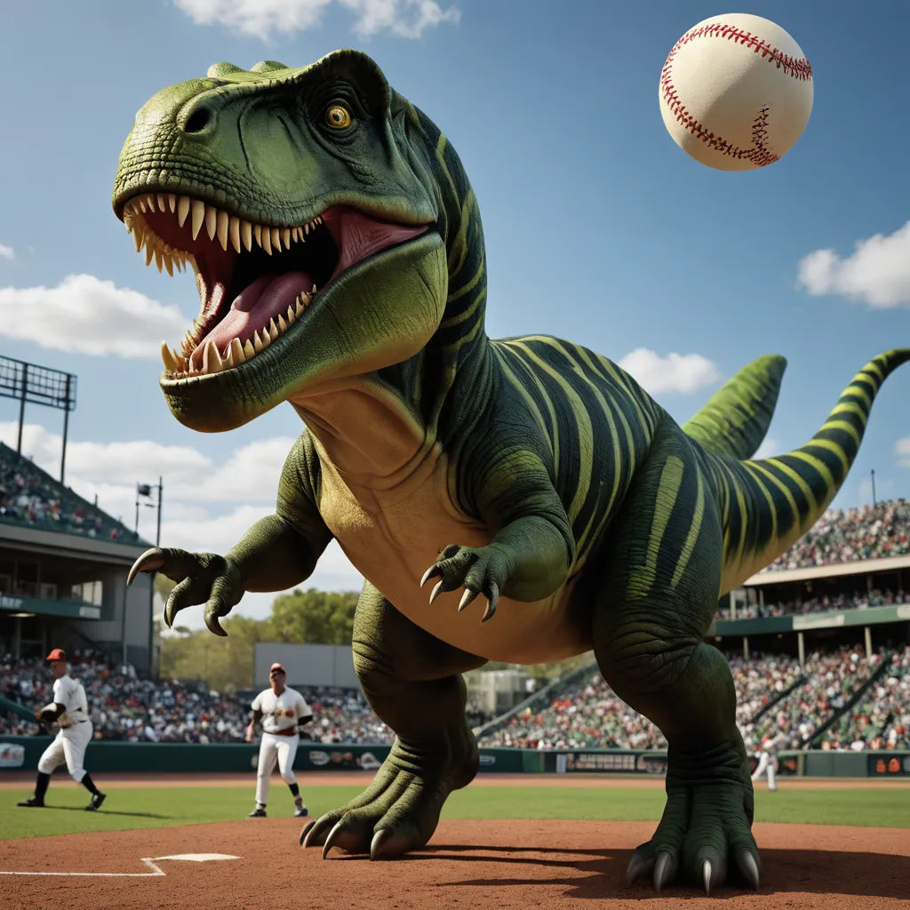 a dinosaur inflatable with a baseball in its mouth on a baseball field with a crowd of people in the stands, photorealism, a computer rendering, Adam Rex, hyper real