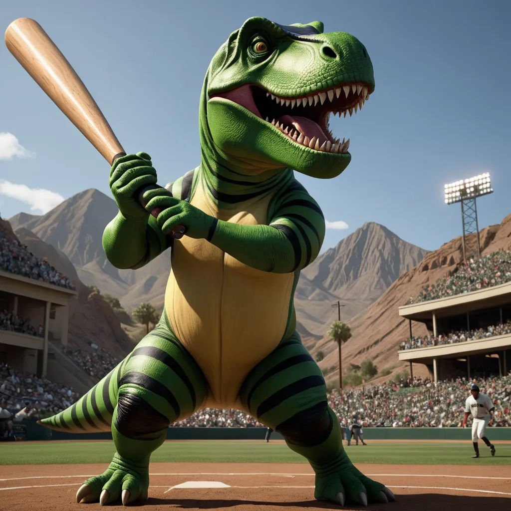 a dinosaur mascot holding a baseball bat on a field with a crowd in the background at a baseball game, photorealism, concept art, Adam Rex, unreal engine 5 quality render