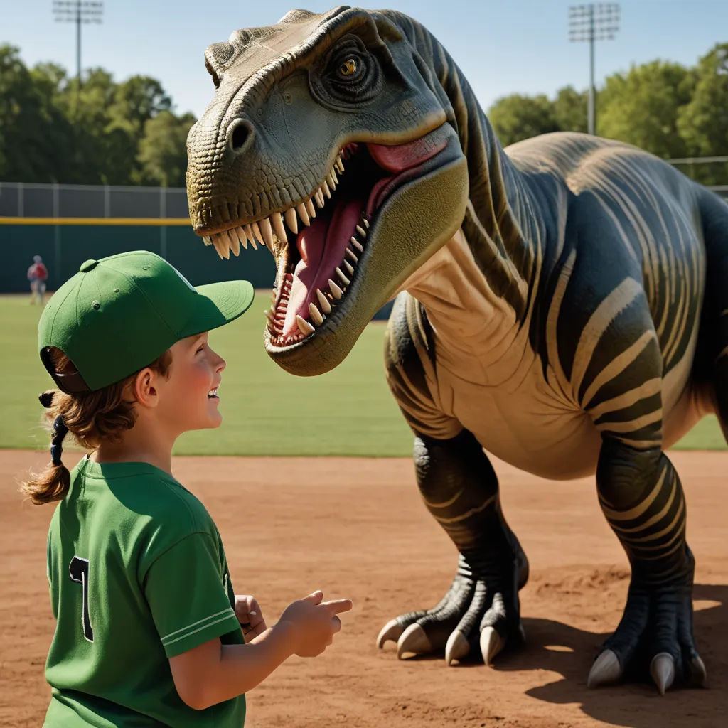 a little girl standing next to a dinosaur statue on a field of a baseball field with a baseball player, photorealism, a storybook illustration, Adam Rex, promotional image