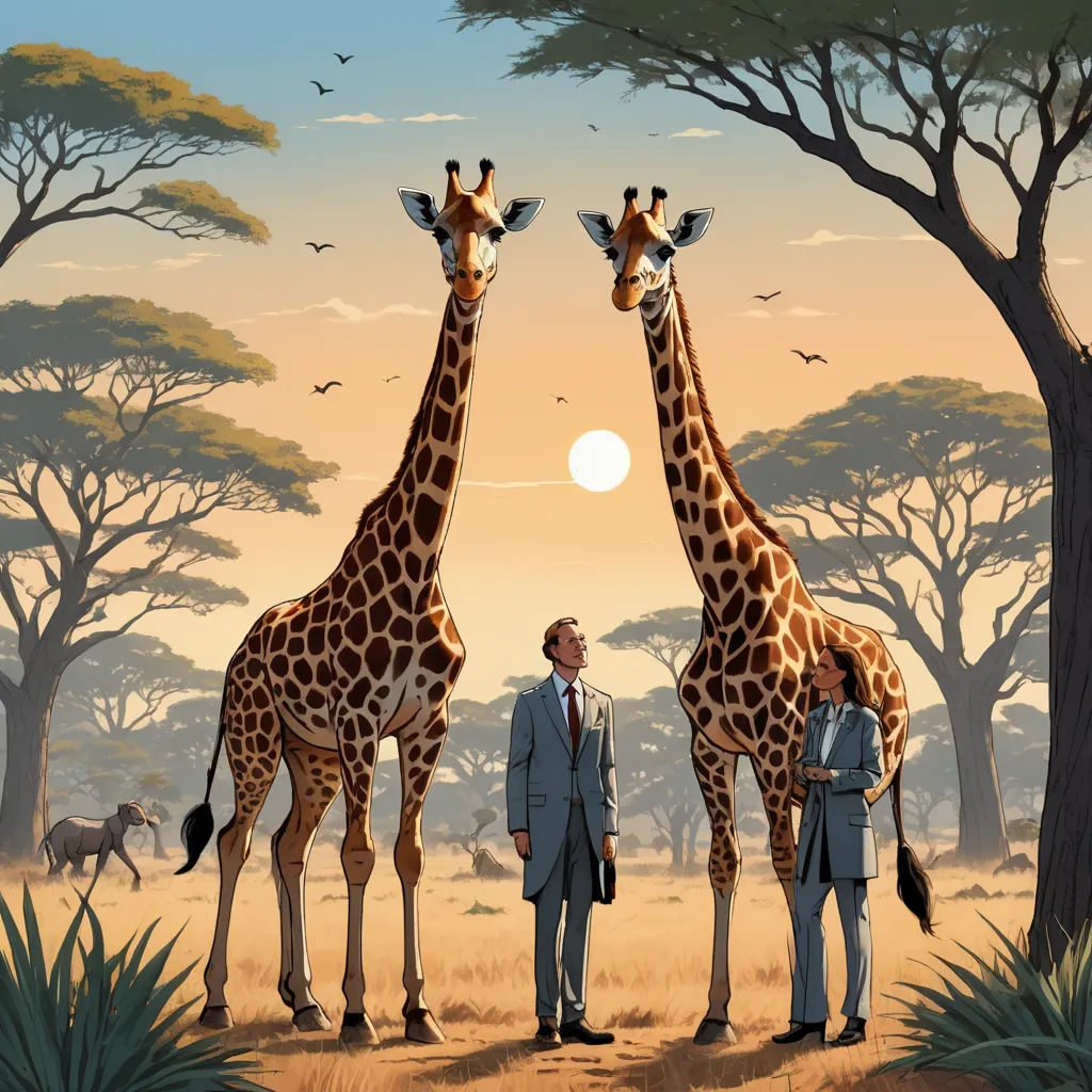 two giraffes standing next to each other in a field with trees and birds in the background, serial art, a storybook illustration, Chris LaBrooy, high detail illustration