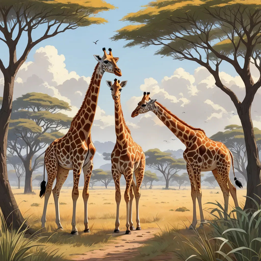 three giraffes standing in a field with trees in the background and a sky with clouds in the background, american scene painting, a storybook illustration, Chris LaBrooy, highly detailed digital painting