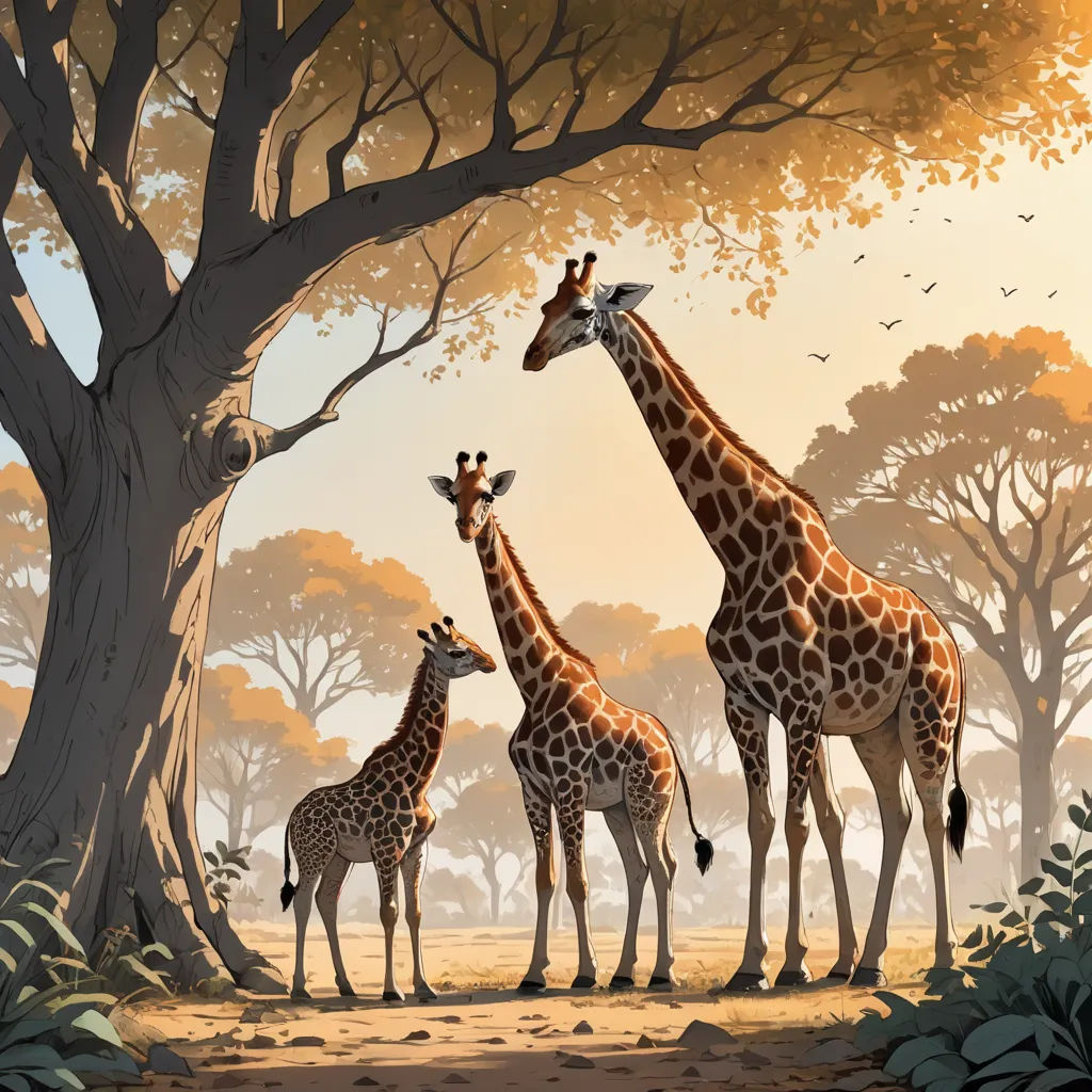 a group of giraffes standing in front of a tree in a forest with birds flying around, lyco art, a storybook illustration, Chris LaBrooy, pixar and disney animation