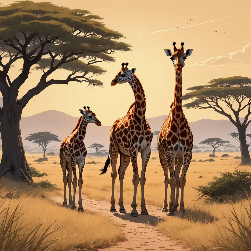 a group of giraffes walking down a dirt road in the wild with trees in the background, american scene painting, a digital painting, Chris LaBrooy, highly detailed digital painting