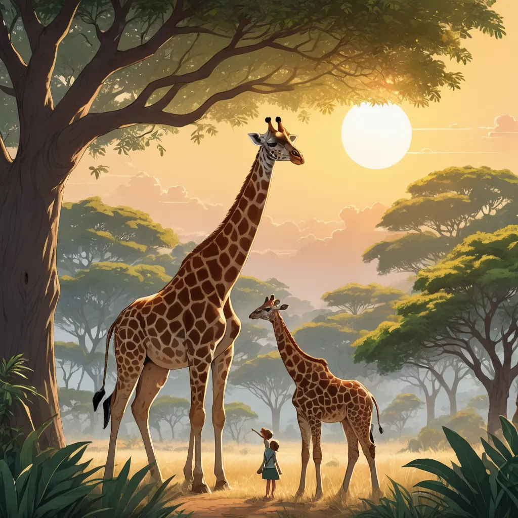 a painting of two giraffes and a child in a forest at sunset with trees and a sun, magic realism, a storybook illustration, Chris LaBrooy, rossdraws global illumination