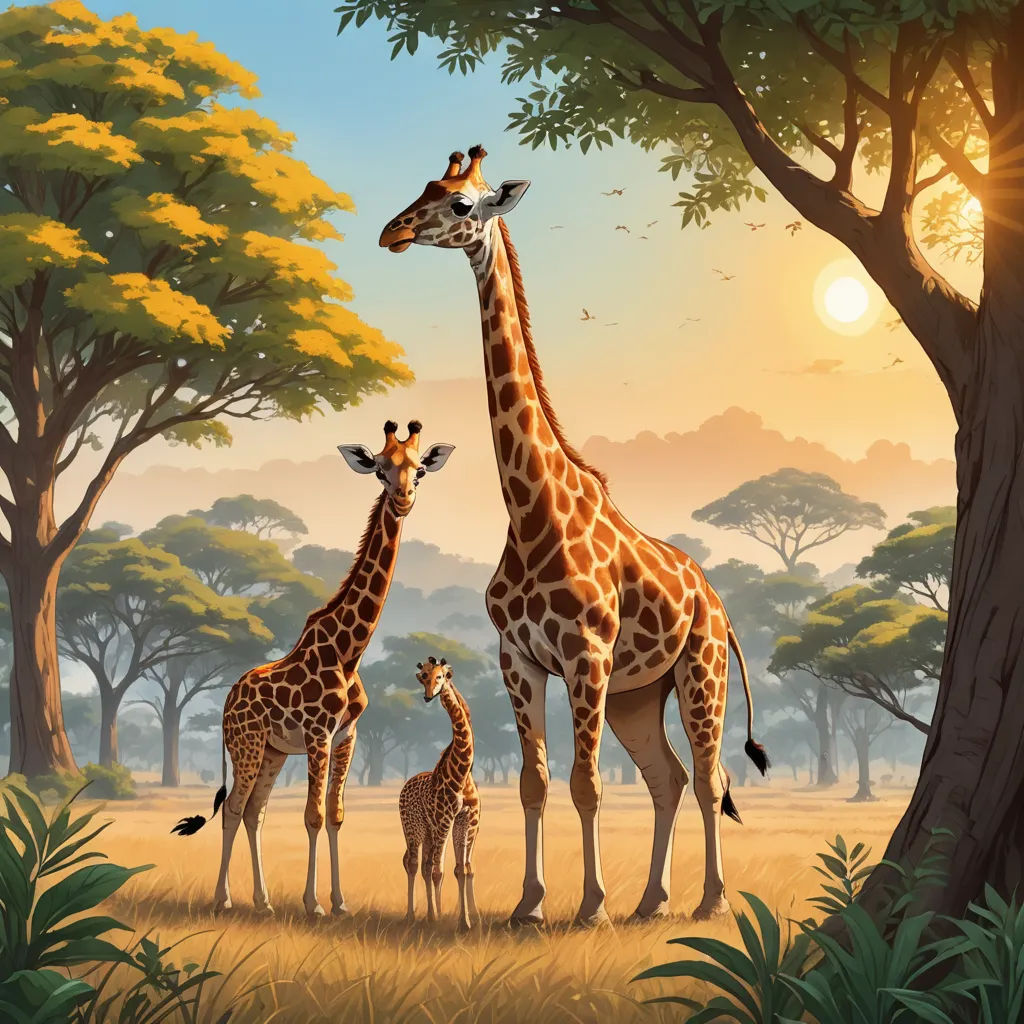 a family of giraffes standing in a field near a tree at sunset with the sun shining, naive art, a storybook illustration, Chris LaBrooy, highly detailed digital painting