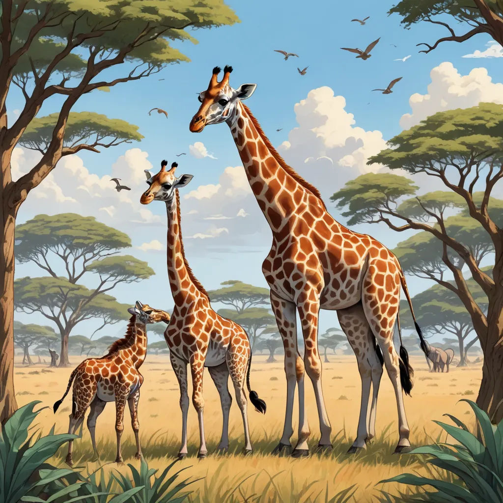 a group of giraffes standing in a field with trees and birds flying overhead in the background, naturalism, a storybook illustration, Chris LaBrooy, highly detailed digital painting