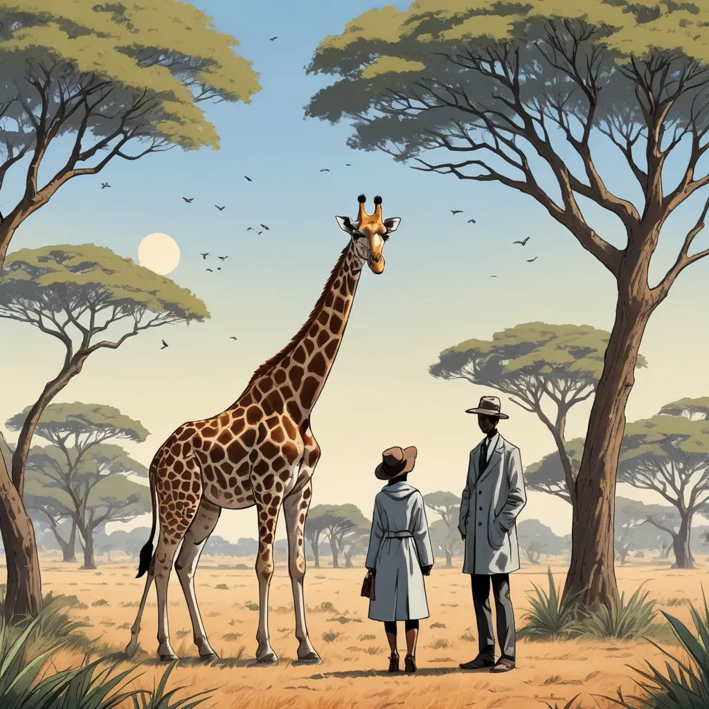 a giraffe standing next to a couple of people in a field with trees and birds flying overhead, massurrealism, a storybook illustration, Ernst Thoms, comic cover art