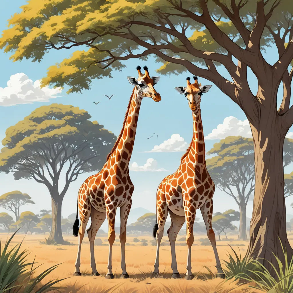 two giraffes standing in front of a tree in a field with birds flying overhead and a sky background, naturalism, a storybook illustration, Chris LaBrooy, highly detailed digital painting