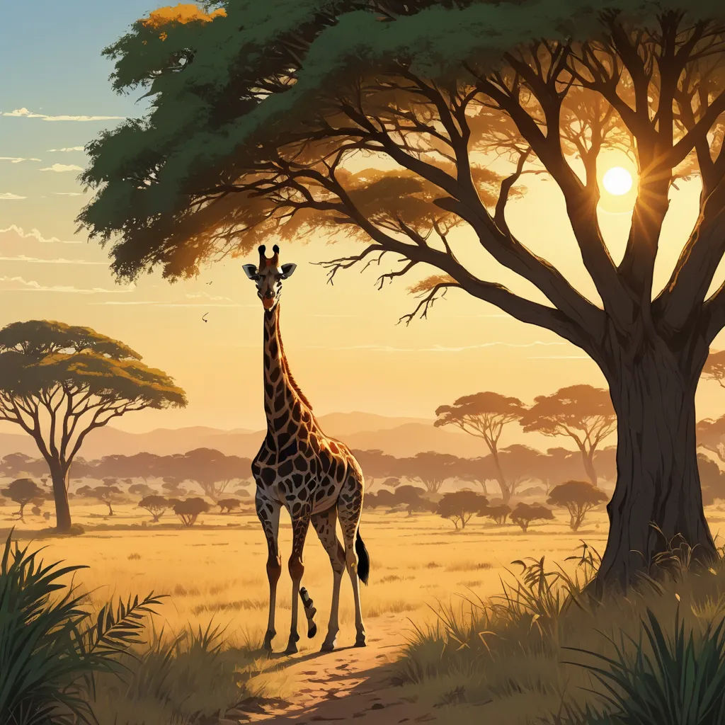 a giraffe standing in the middle of a field next to a tree and a sunset behind it, american scene painting, a storybook illustration, Chris LaBrooy, rossdraws global illumination