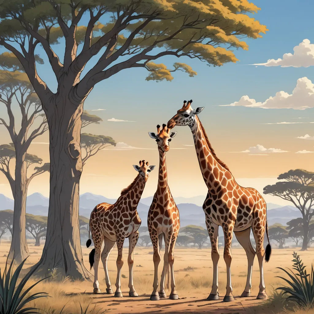 three giraffes standing in front of a tree in a field with a sky background and clouds, fantastic realism, an airbrush painting, Brothers Hildebrandt, highly detailed digital painting