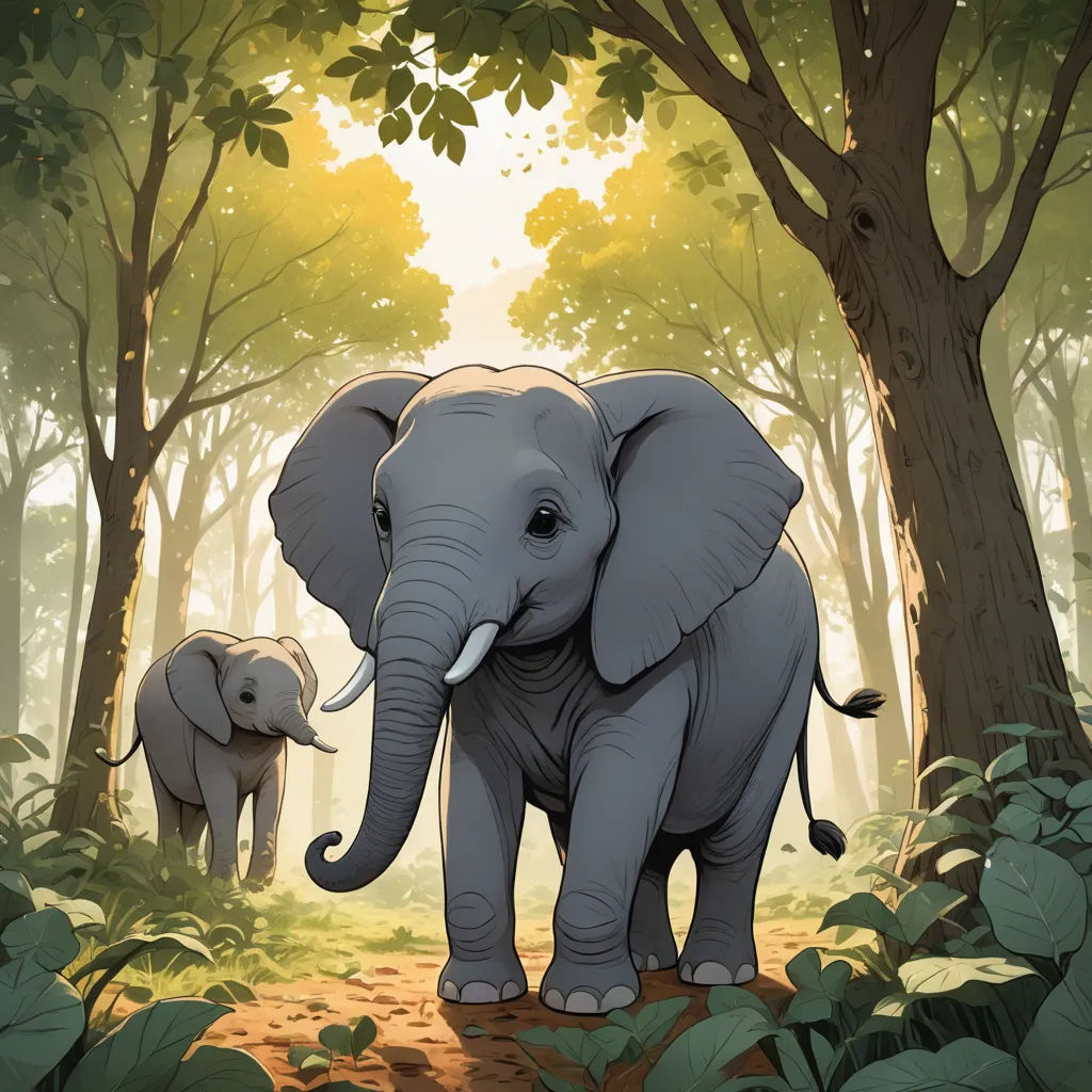 a couple of elephants standing in the middle of a forest with trees and leaves on the ground and a baby elephant standing in the middle of the forest, sumatraism, a storybook illustration, Chris LaBrooy, official art