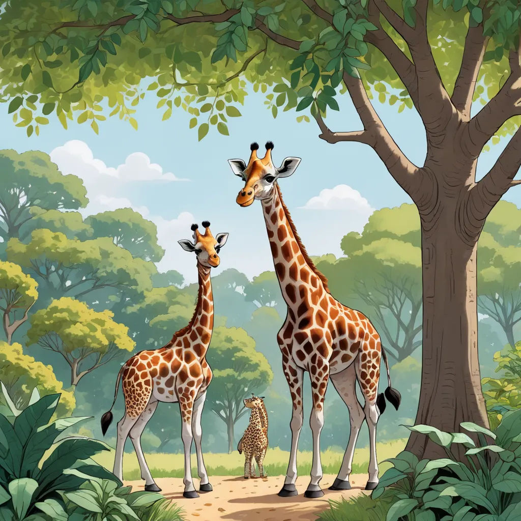 a couple of giraffe standing next to a tree on a forest floor with other animals in the background, lyco art, a storybook illustration, Chris LaBrooy, storybook illustration