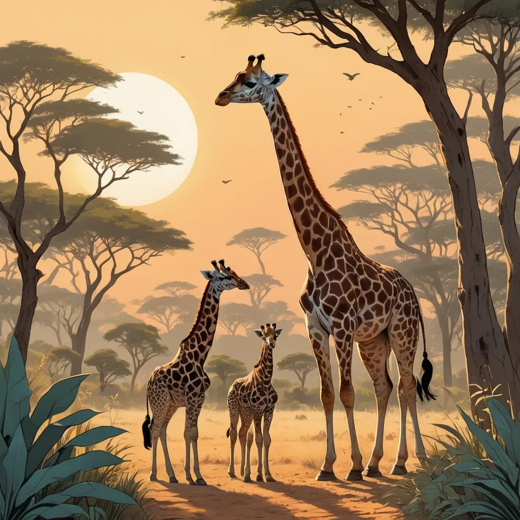 a group of giraffes standing in a forest with a sunset in the background and trees in the foreground, dau-al-set, a storybook illustration, Chris LaBrooy, highly detailed digital painting