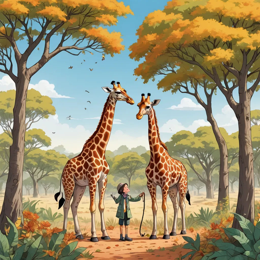 a painting of two giraffes standing next to each other in a forest with a little girl, magical realism, a storybook illustration, Chris LaBrooy, storybook illustration