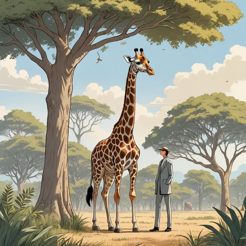 a man standing next to a giraffe in a forest with trees and clouds in the background,, naturalism, a storybook illustration, Chris LaBrooy, detailed illustration