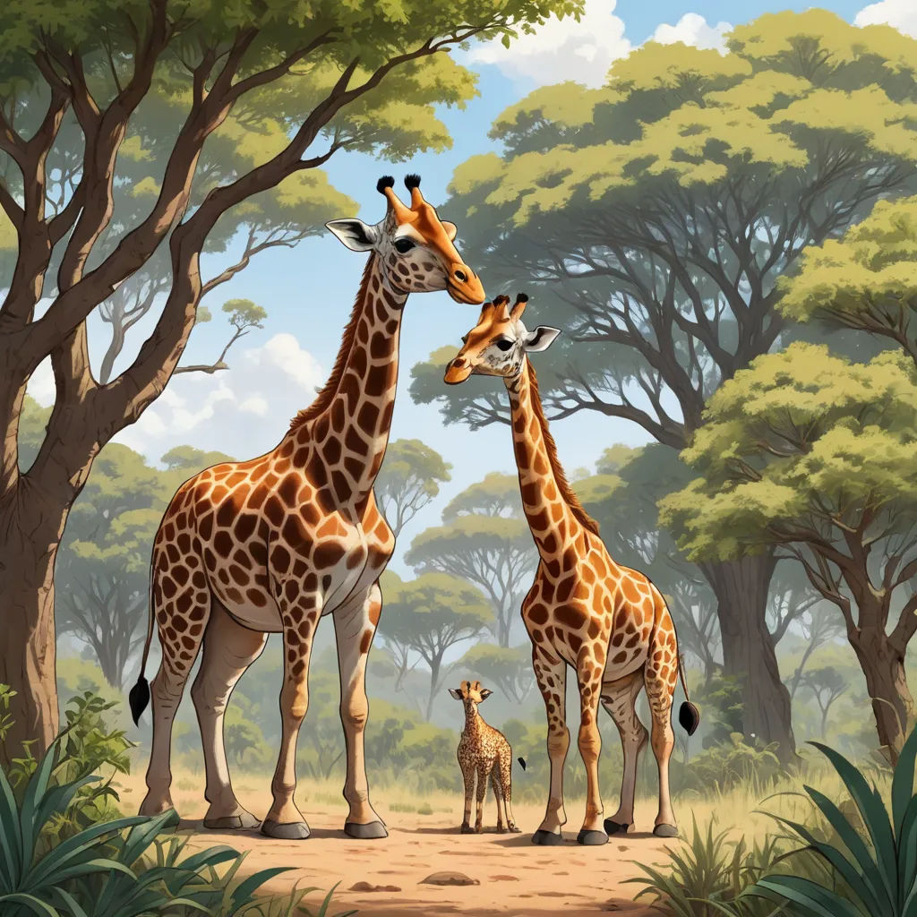 a painting of two giraffes and a baby giraffe in a forest with trees and bushes, american scene painting, a storybook illustration, Chris LaBrooy, official art