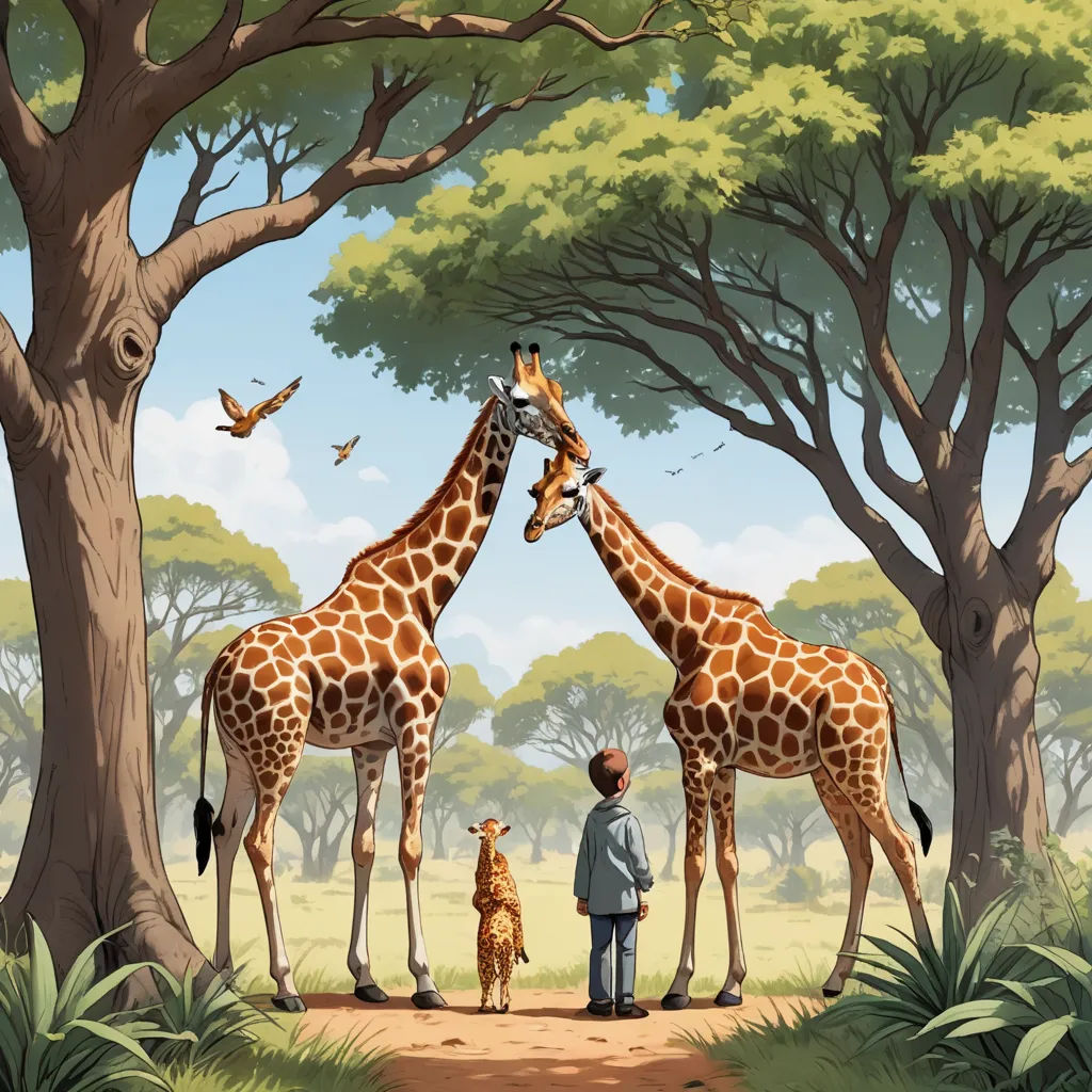 a man and a child are standing in front of two giraffes in a forest with birds flying overhead, magic realism, a storybook illustration, Chris LaBrooy, storybook illustration