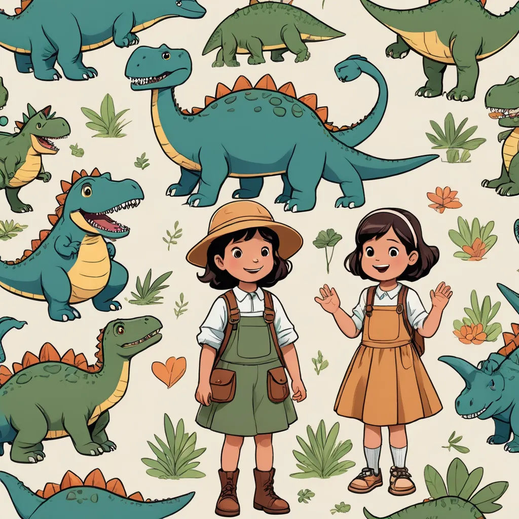 a girl and a boy are standing in front of dinosaurs and plants on a white background with green leaves, process art, a storybook illustration, Adam Rex, plants