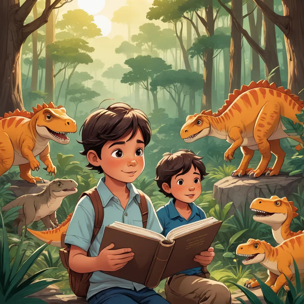 a boy reading a book in front of a group of dinosaurs in the forest with a boy sitting on a rock, process art, a storybook illustration, Adam Rex, rossdraws global illumination