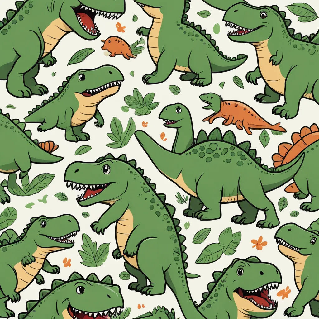 a pattern of green dinosaurs with orange and green leaves on a white background with a green and orange design, naturalism, a storybook illustration, Adam Rex, highly detailed digital art