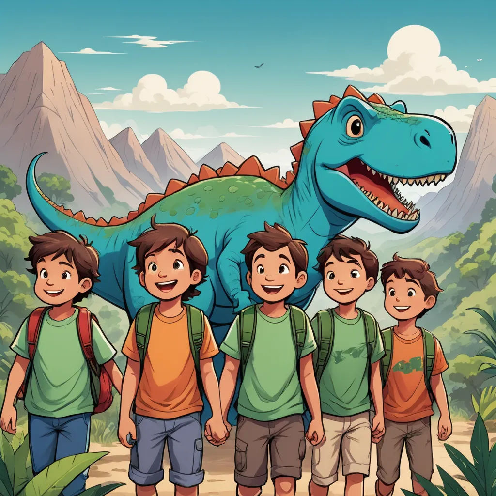 a group of kids standing in front of a dinosaur in the jungle illustration by alex krautman, process art, a storybook illustration, Adam Rex, comic cover art