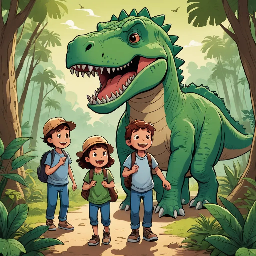 a group of kids standing next to a dinosaur in the forest with a man and woman standing next to it, process art, a storybook illustration, Adam Rex, storybook illustration