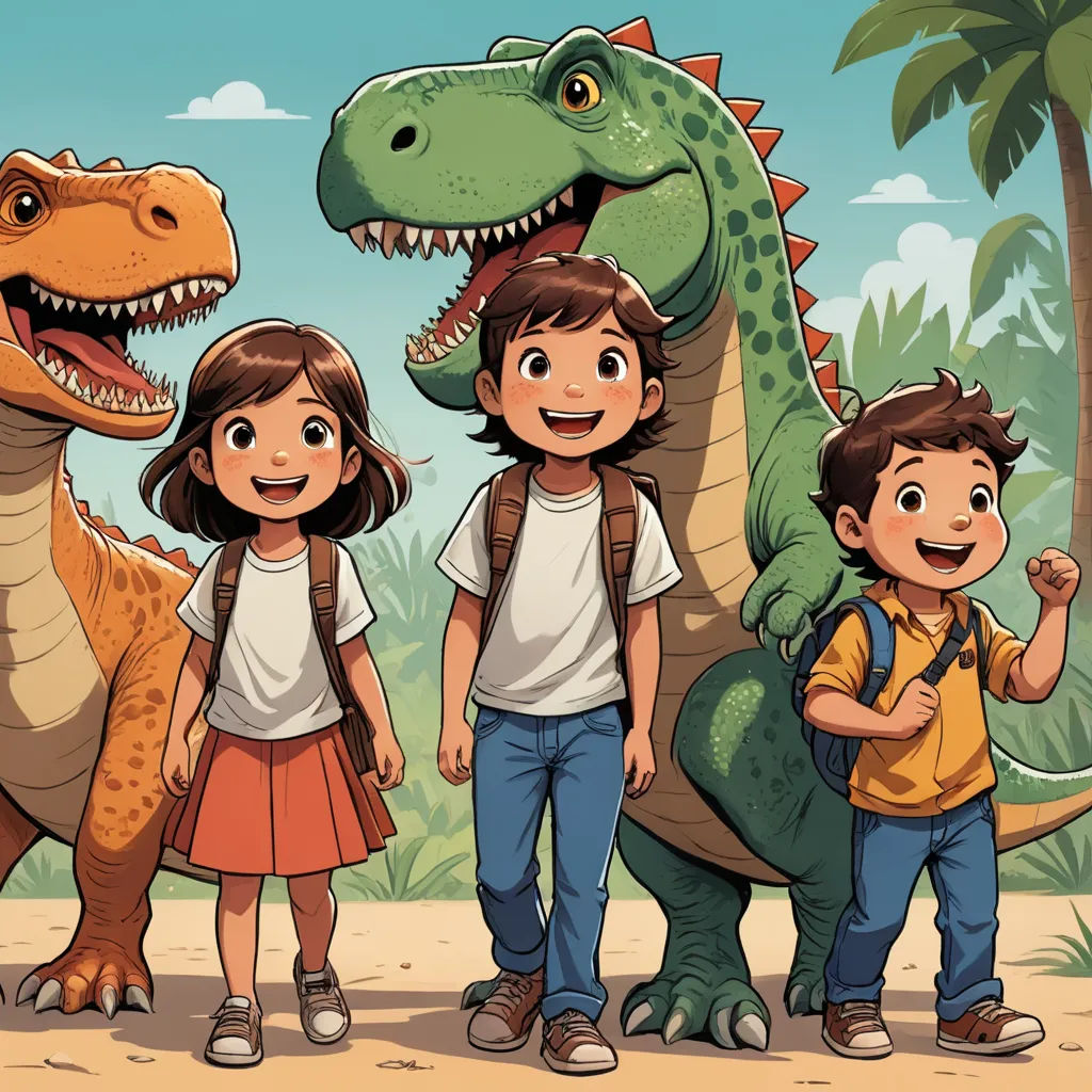 a group of children standing next to a dinosaur in a field of trees and bushes with a dinosaur in the background, process art, a storybook illustration, Adam Rex, rossdraws global illumination