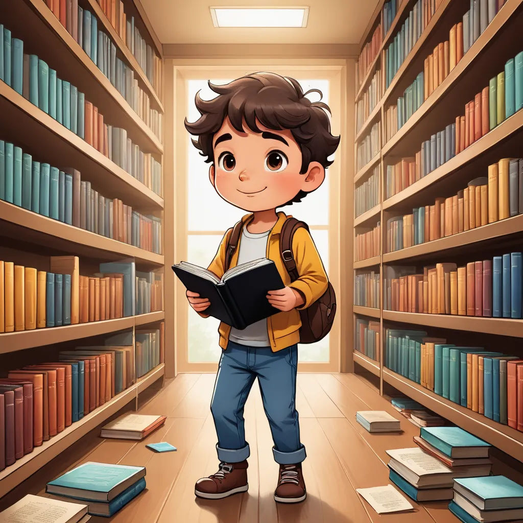 a boy standing in a library holding a book and looking at the camera with a smile on his face, fantasy art, a storybook illustration, Diego Gisbert Llorens, storybook illustration